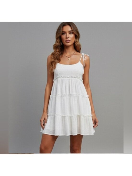 By Design Dresses & Skirts - White Swiss Dot Frill Trim Cami Dress